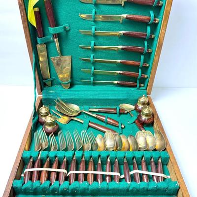 Vintage Thai Bronze Flatware Set – 34-Piece Set for 8 With Wood Chest
