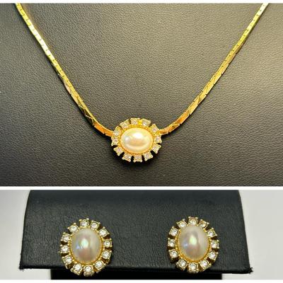 Christian Dior Faux Pearl & Rhinestone 17.5" Necklace & Earrings