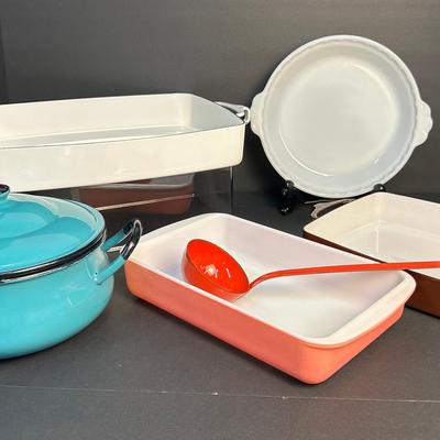 Dansk Kobenstyle Casseroles, Pink Pyrex Baking Dish, Blue Enamel Pot