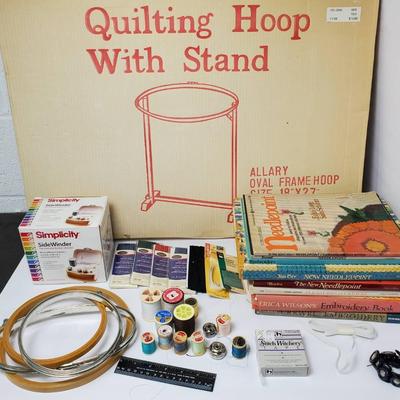 Quilting Hoop With Stand, Books On Crewel Embroidery & Needlepoint, Plus Sewing Notions