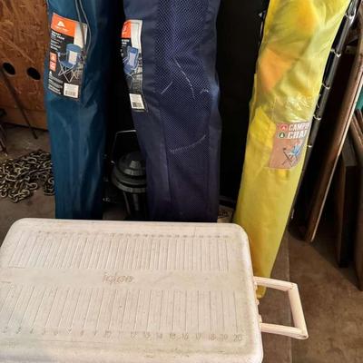 Camping Two Cots, Lantern, Chairs, Cooler 