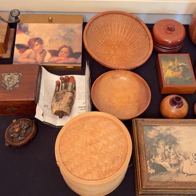 Antique Coffee Grinder, Collection Of Wooden Bowls, Boxes, Figurines Carved 