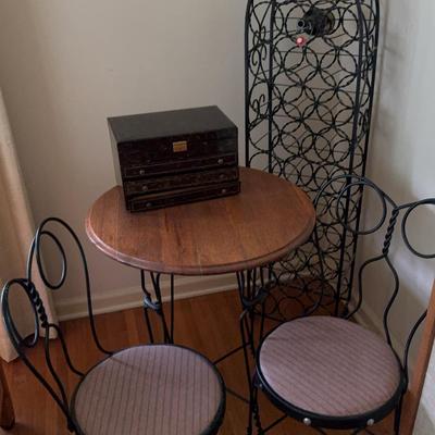 Wrought Iron Bistro Table and Chairs Set with Wine Rack – Table 29"H x 24" Diameter 