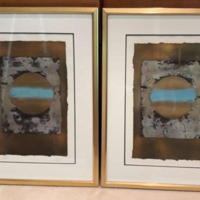 Pair of artist signed mixed media pieces
