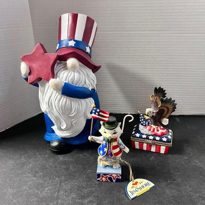 Jim Shore Patriotic Cat Figure, Trinket Box Eagle, Stars Stripes Gnome 