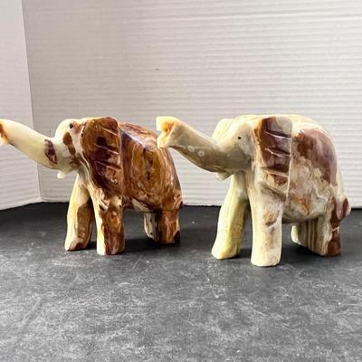 2 Onyx Elephants Pair Trunk Up Brown Biege 