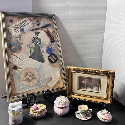 Vintage Diaroma Collage Art Framed Victorian Shadow Box, Trinket Boxes (4), Teacup Ornament 