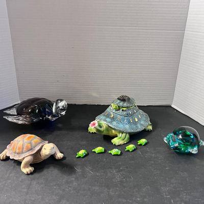 Blue Sky Double Lid Turtle w/ Minis, Glass Turtle Paperweights & more