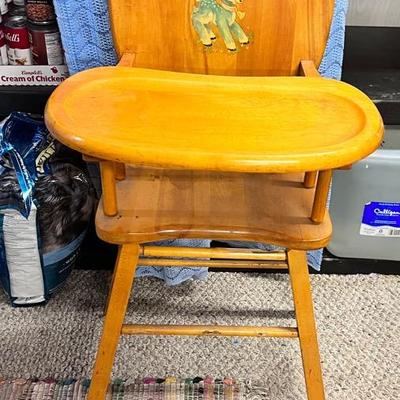 Wood Oak 1950s Highchair w/ Locking Tray Picture Deer