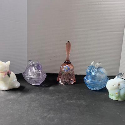 Fenton Glass Figures Opalescent Cat & Bunny, Pink Bell Handpainted, 2 Glass Nesting Bunnies 