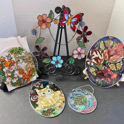 Stained Glass Wall Hangings 2 Cats, Turtle, Butterflies & Flowers