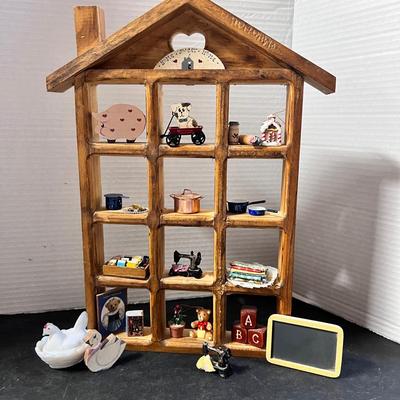Wall Hanging House Shelf w/ Various Miniature Items, White Nesting Chicken Small