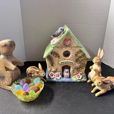 Debra Jordan Blue Bird Cottage Cookie Jar, 3 Jim Shore Figures, Wood Carved Bunny & more