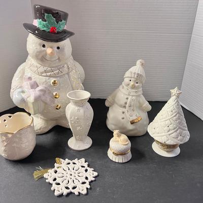 Lenox Snowman Cookie Jar Candle Holder, Ornament, & Bud Vase, 2 Trinket Box 