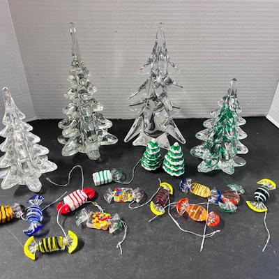 Decorative Glass Trees 2 Clear 1 Green/Clear 1 Iridescent, Glass Candy Ornaments 
