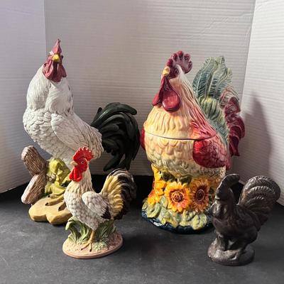 Susan Winget Chicken Rooster Ceramic Cookie Jar w/ Sunflowers, Cast Iron Chicken Doorstop & more 