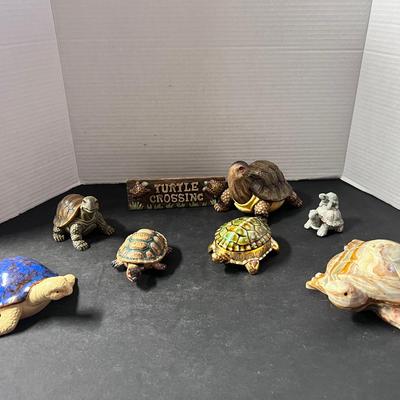Turtle Figure Lot Onyx Ceramic w/ Blue Shell Souvenir Gold Tone Trinket Box