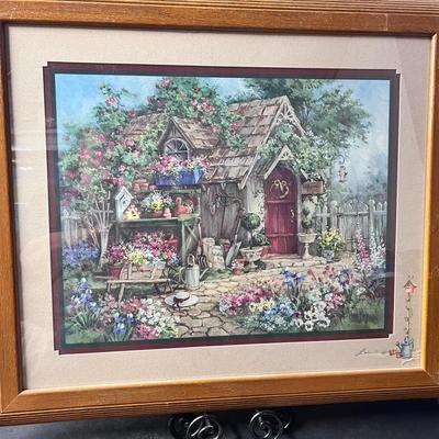 Barbara Mock Greenhouse Birdhouse & Flower Framed Print 