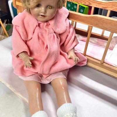 Handmade Wood Baby Doll Cradle, 1940s Doll w/ Clothing & Blankets