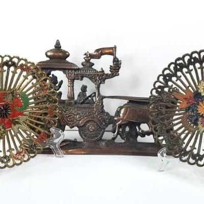 Indian brass charriot enameled brass filigree dishes