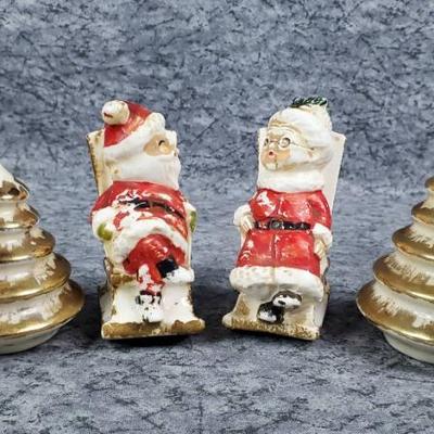 Vintage salt pepper shakers; santa & mrs claus, gilded trees