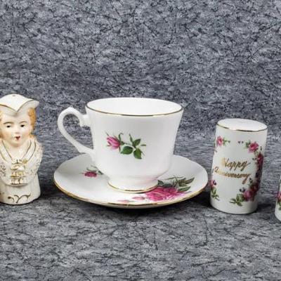 Salt pepper shakers; anniversary, victorian couple, china tea ware
