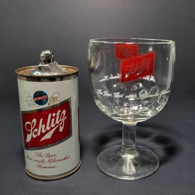 Vintage schlitz beer can lighter and goblet