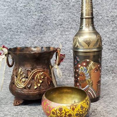 Indian brass decanter cocktail shaker bowl, candle holder