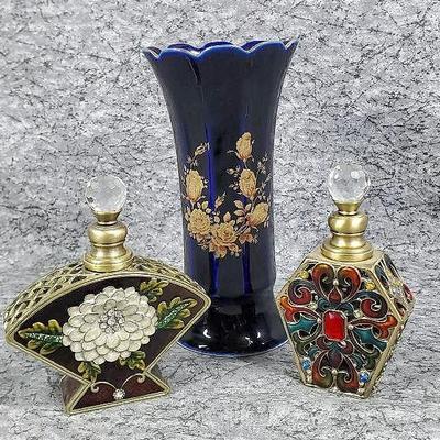 Enameled brass perfume bottles echt cobalt bareuther vase