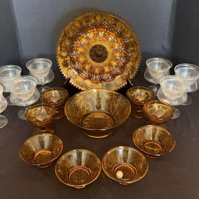 Tiara Amber Sandwich Glass Lot & Vintage Shrimp Cocktail Glasses