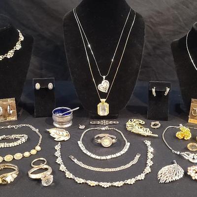 Sterling Salt Cellar and Rhinestone Jewelry Featuring Sara Coventry 