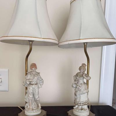 Pair Of Vintage Lamps, Porcelain-Like Male And Female Figurines 