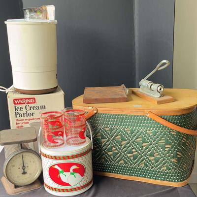 Vintage Picnic Basket, Ice Cream Maker and Other Items