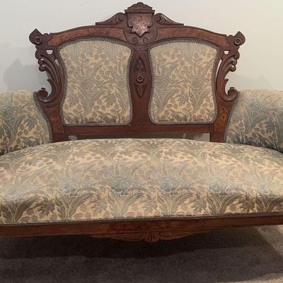 Antique Eastlake Victorian Settee Couch with Jacquard Upholstery