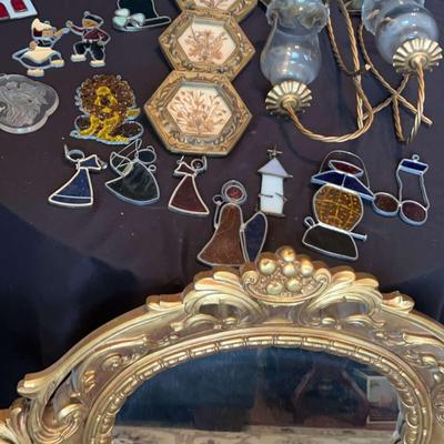 Mirror with Ornate Gold-Colored Frame & Wall Art