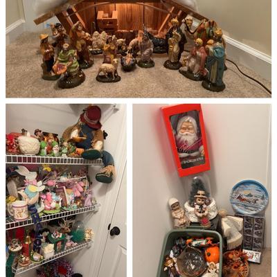 Holiday Decor Featuring a Manger with Ceramic Figurines