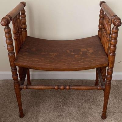 Antique Pressed Oak Hall Bench with Turned Spindles