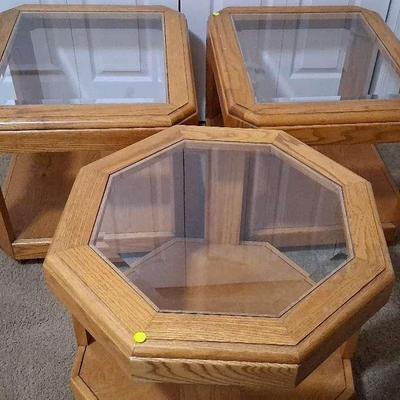 Three Wood Side Tables With Glass Tops 
