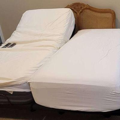Adjustable King Size Bed, Cane Headboard & Hickory Nightstand
