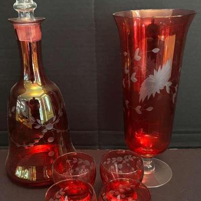 Cranberry Glass Set Including Decanter
