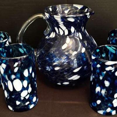 Blown Glass Pitcher And Four Glasses