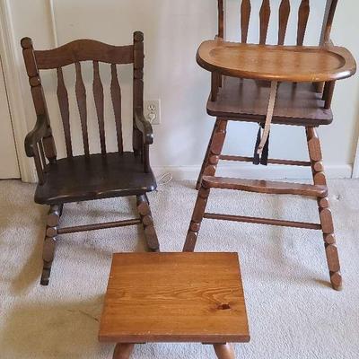 Wooden Highchair, Child's Rocker, and Footstool