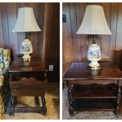 Dough Box Side Table, Wooden Side Table, & Matching Lamps 