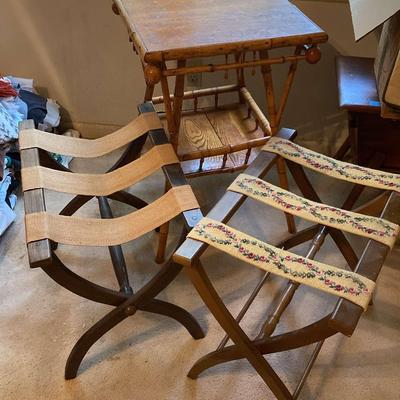 Vintage Bamboo Table & Two Luggage Racks