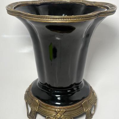 Ebony Black Glazed Pottery With Bronze Ormolu Vase