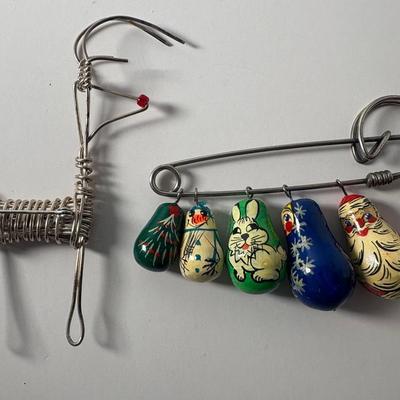 Handcrafted Nesting Dolls Christmas Brooch & Twisted Wire Deer Pin