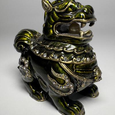 Z Gallery Good Luck Foo Dog Green Enameled Metal & Rhinestone Trinket Box