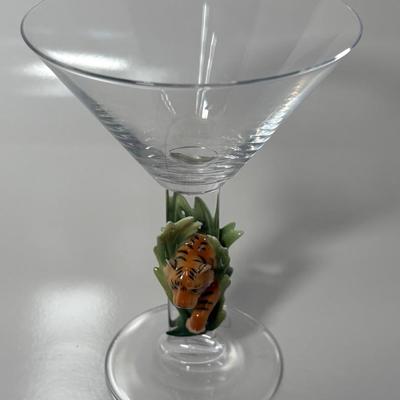 Franz Safari Jungle Beauties Tiger Design Austrian Crystal & Sculptured Porcelain Martini Glass