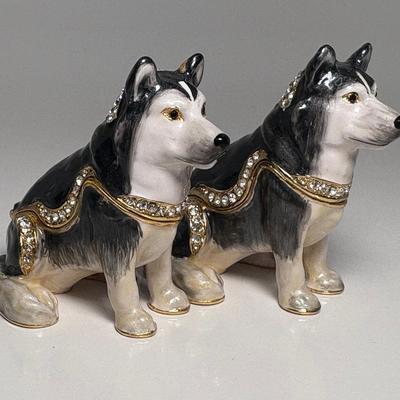 Pair Of Dept 56 Bejeweled Collection Huskey Rhinestones & Enamel Trinket Boxes 