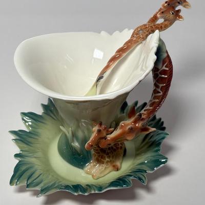 Franz Giraffe Design Sculptured Porcelain Cup/Saucer Set & Spoon, New In Box 